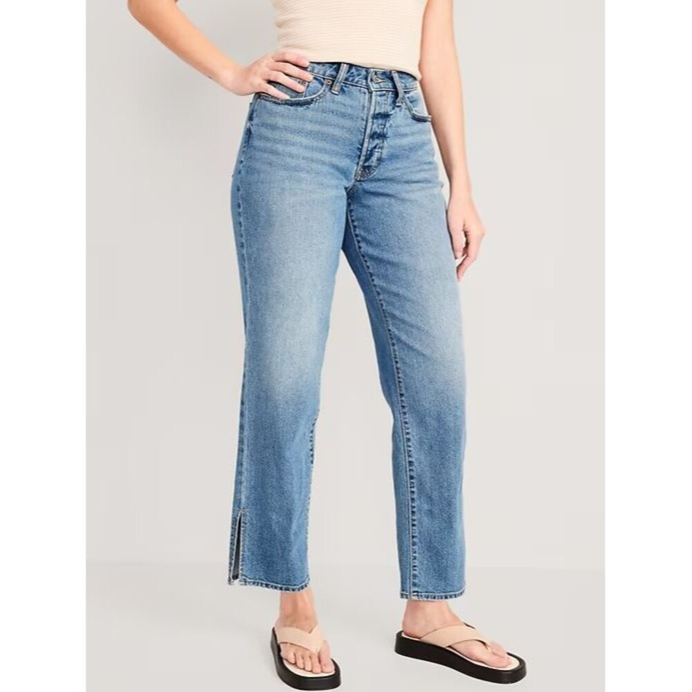 Old Navy Curvy High Rise OG Loose Jeans Womens 12 Blue Button Fly Side Slit NEW